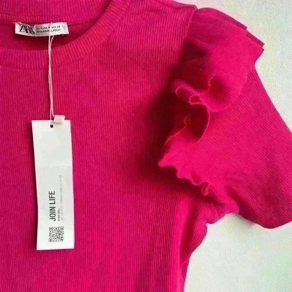 Zara Ruffle Sleeve Hot Pink Bodysuit Barbie Barbiecore size S Crew neck - Picture 9 of 11